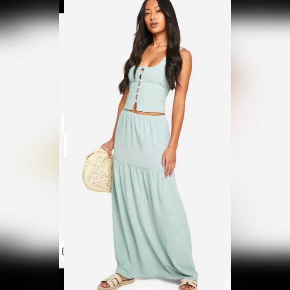 Mint Green Linen Look Tiered Maxi Skirt and Top (Vest)